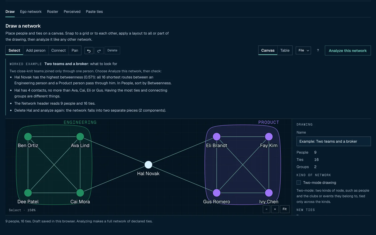 The drawing editor with a worked example: two four-person teams joined only through one person, with notes on what to look for.