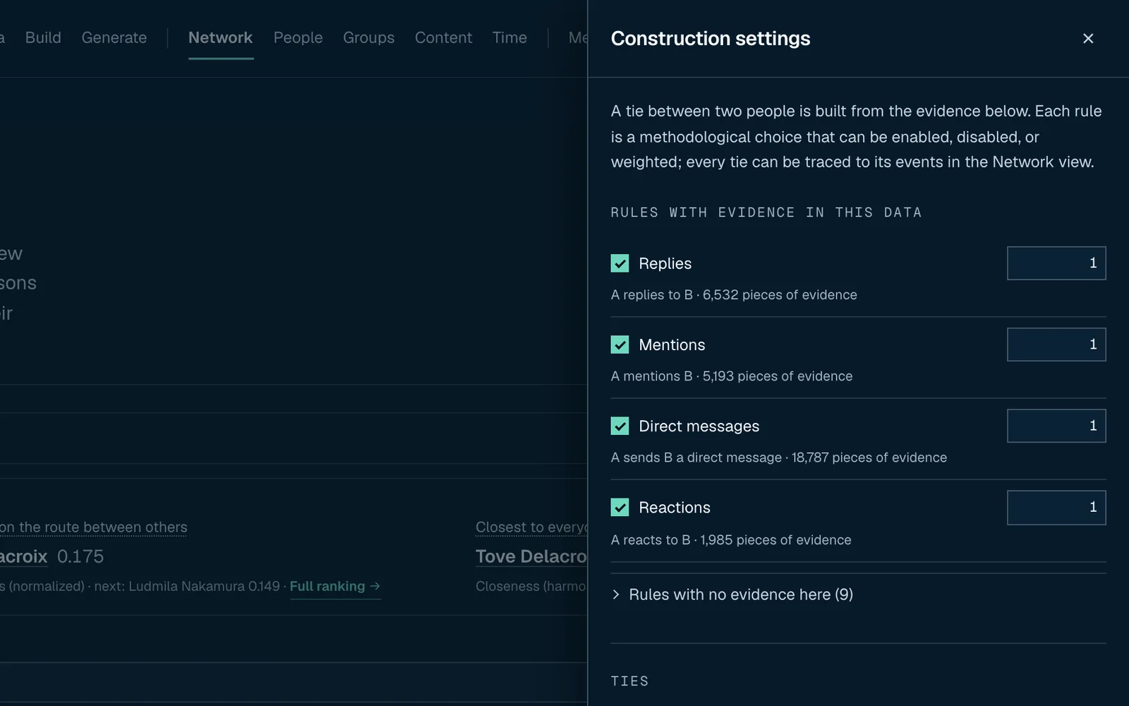 The construction settings: each rule that turns messages into ties, with a switch, a weight and how many ties it produced.