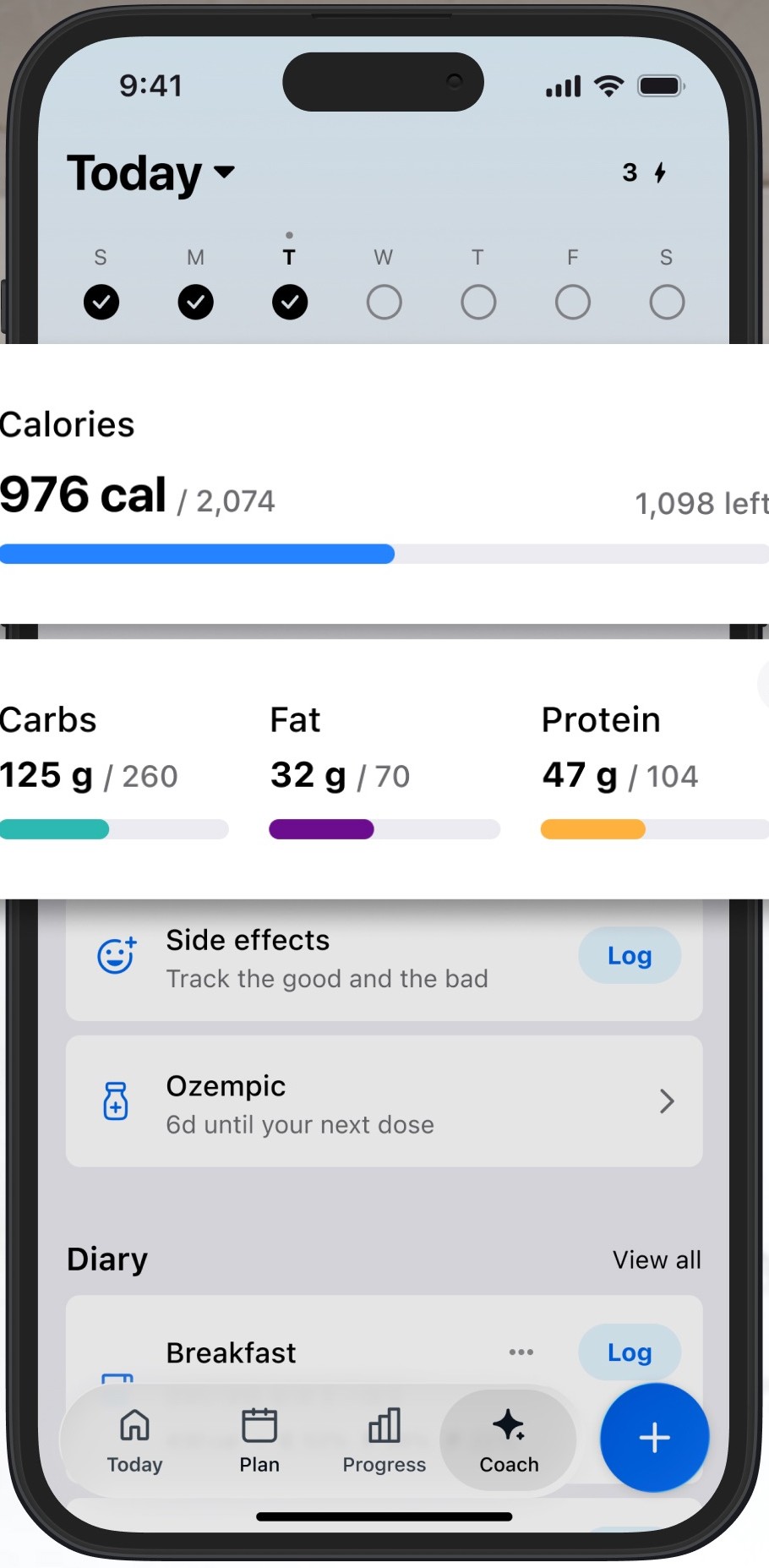 The current MyFitnessPal Today screen, from the App Store listing