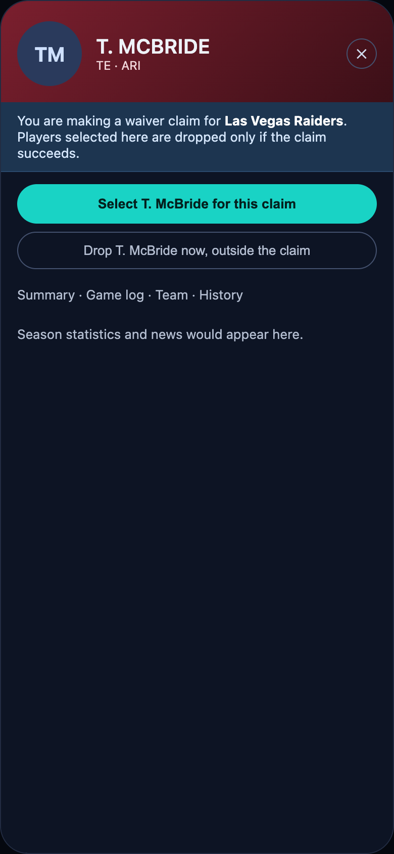 Player page knows about the claim