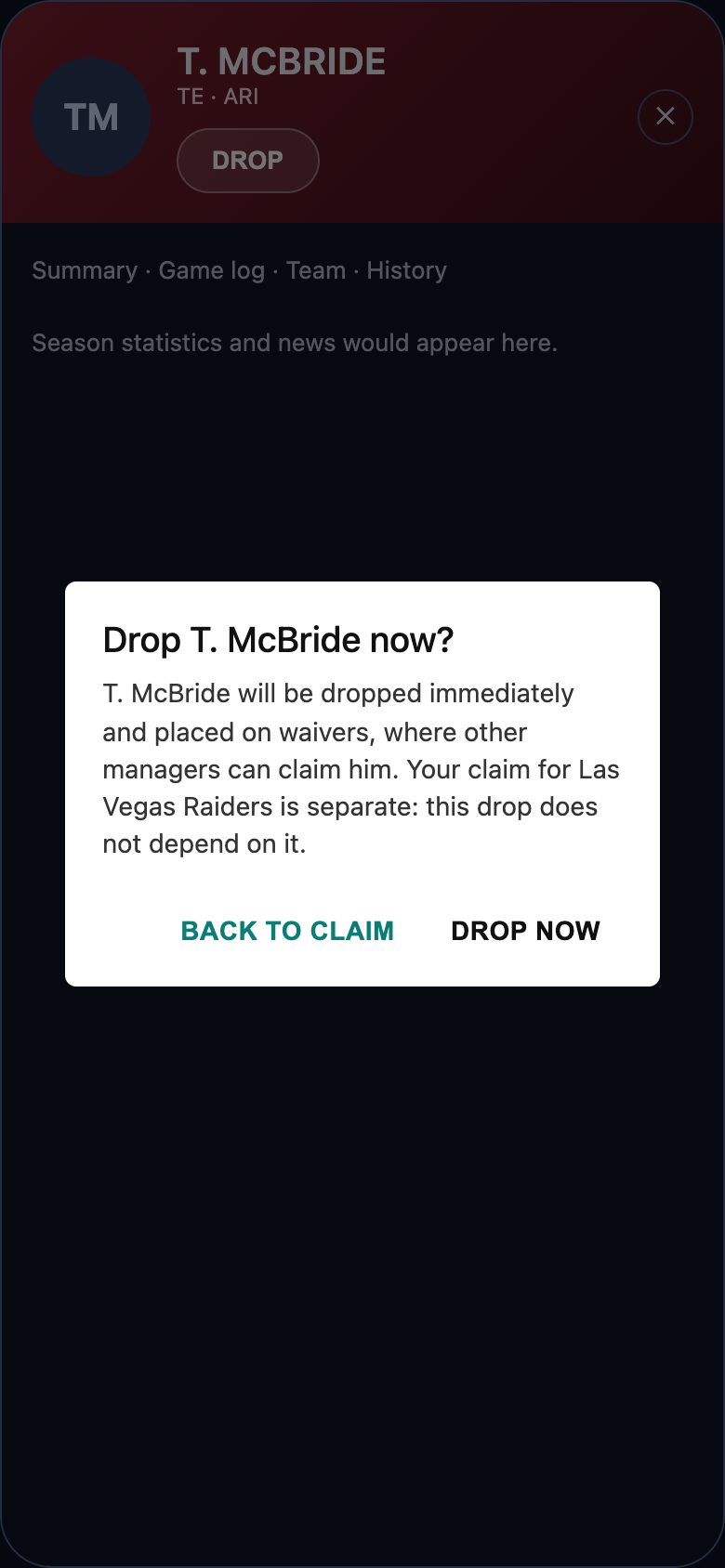 Dialog states the drop is immediate and separate