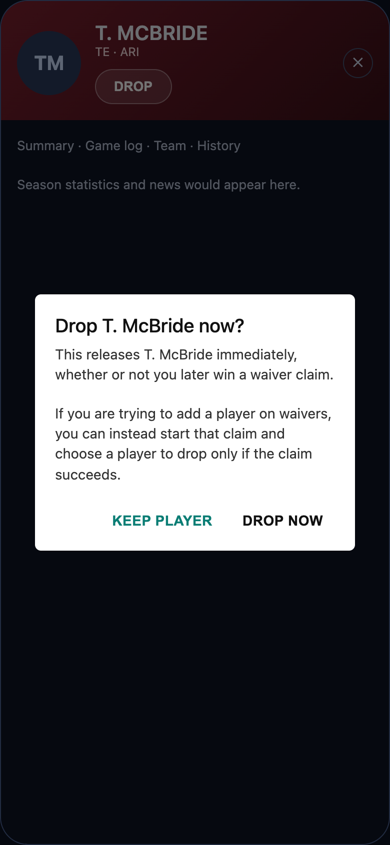 Standalone drop dialog explains conditional drops