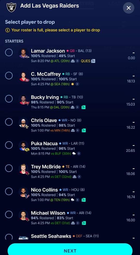 Add Las Vegas Raiders sheet: select player to drop