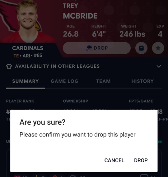 Are you sure? Please confirm you want to drop this player
